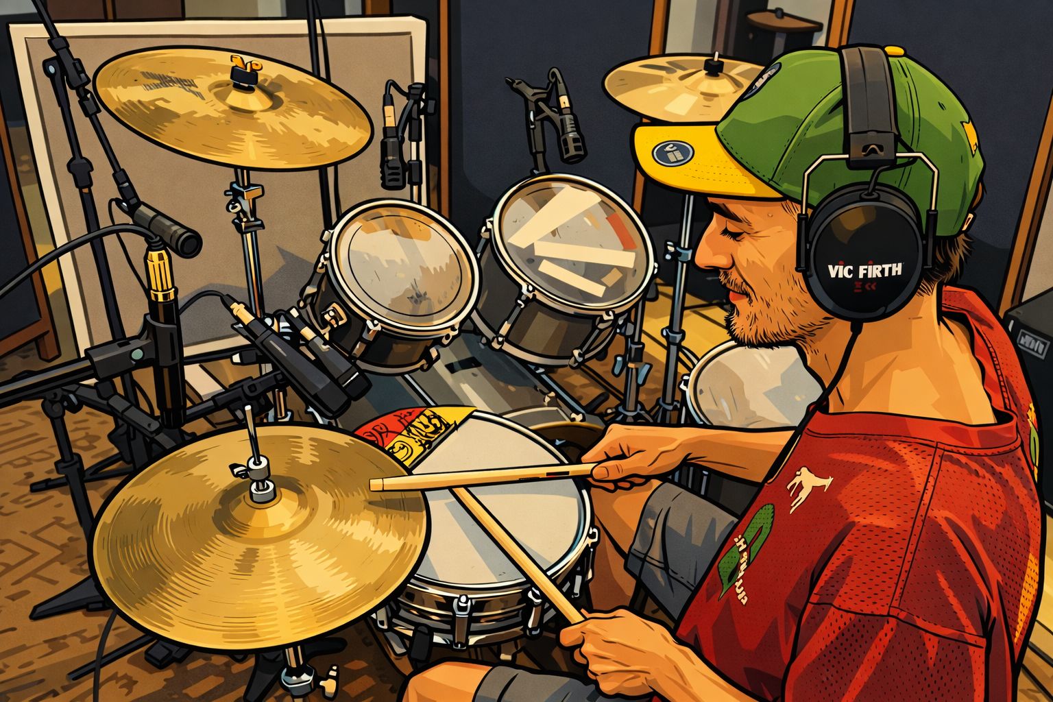 Ilustração em estilo comic book de um baterista com fones de isolamento Vic Firth em cores vibrantes